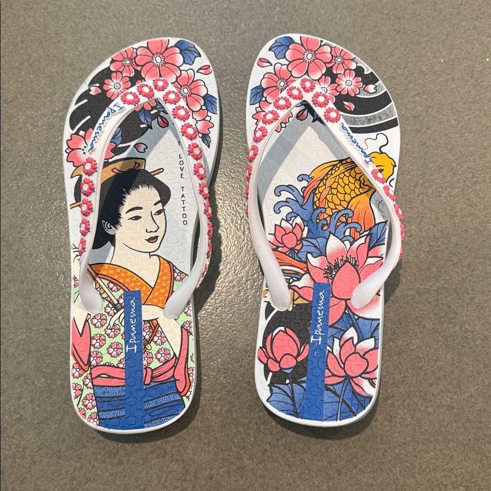 Artistic Floral Japanese koi cherry blossom Flip Flops kids size 1C